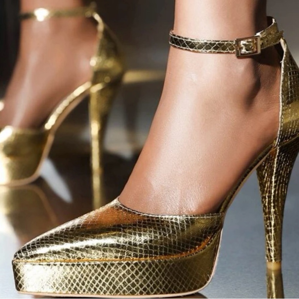 Gold Ankle Strap Pumps For Women, Snakeskin Point Toe Platform Cone Heeled Pumps